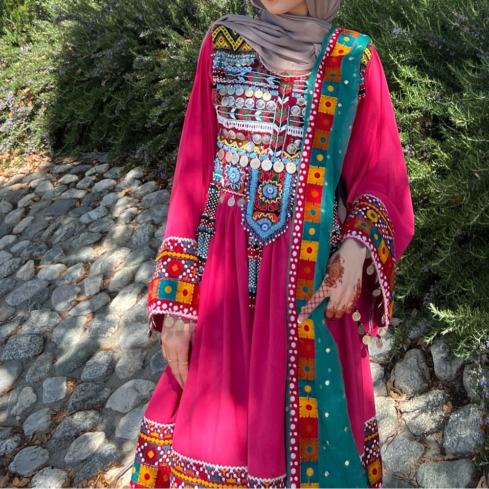 Pink and teal afghan dress